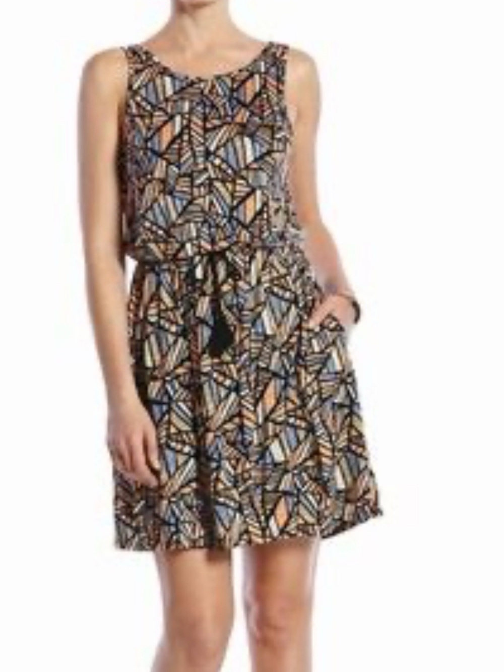 Lucky Brand Geometric Print Sleeveless Mini Dress - Black, Blue, Tan
